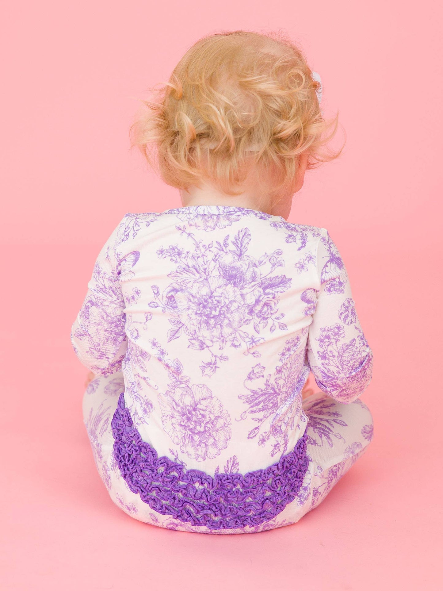 Wisteria Purple Butterfly Garden Toile Bamboo Viscose Convertible Ruffle One Piece Footie Pajama