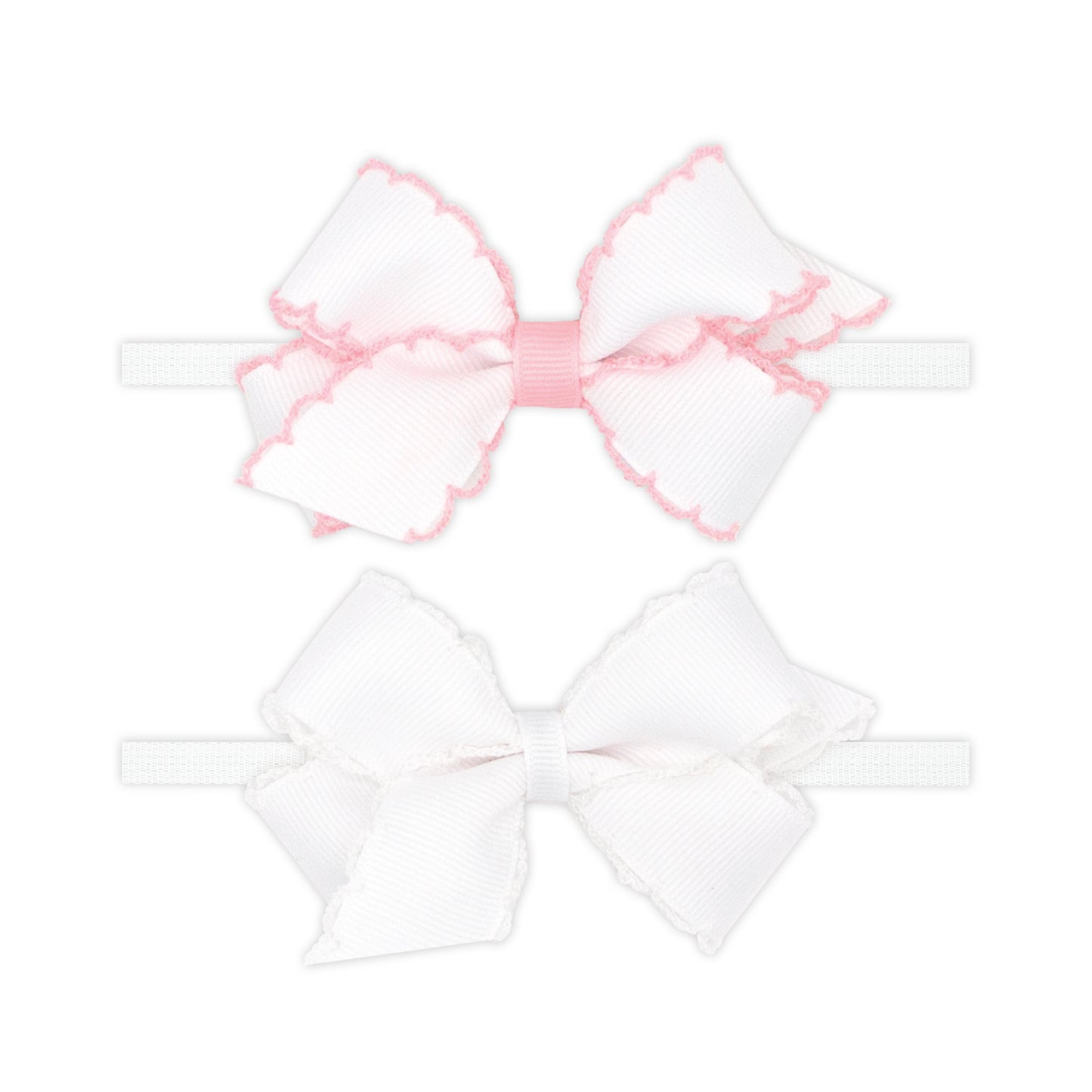 Two Mini Grosgrain Hair Bows with Moonstitch Edge on Nylon Headband