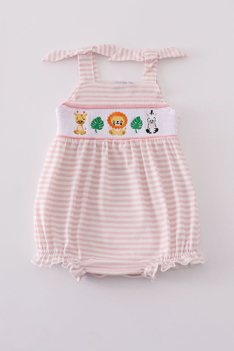 Pink and White Striped Bubble with Smocked giraffe lion zebra and 2 leafs