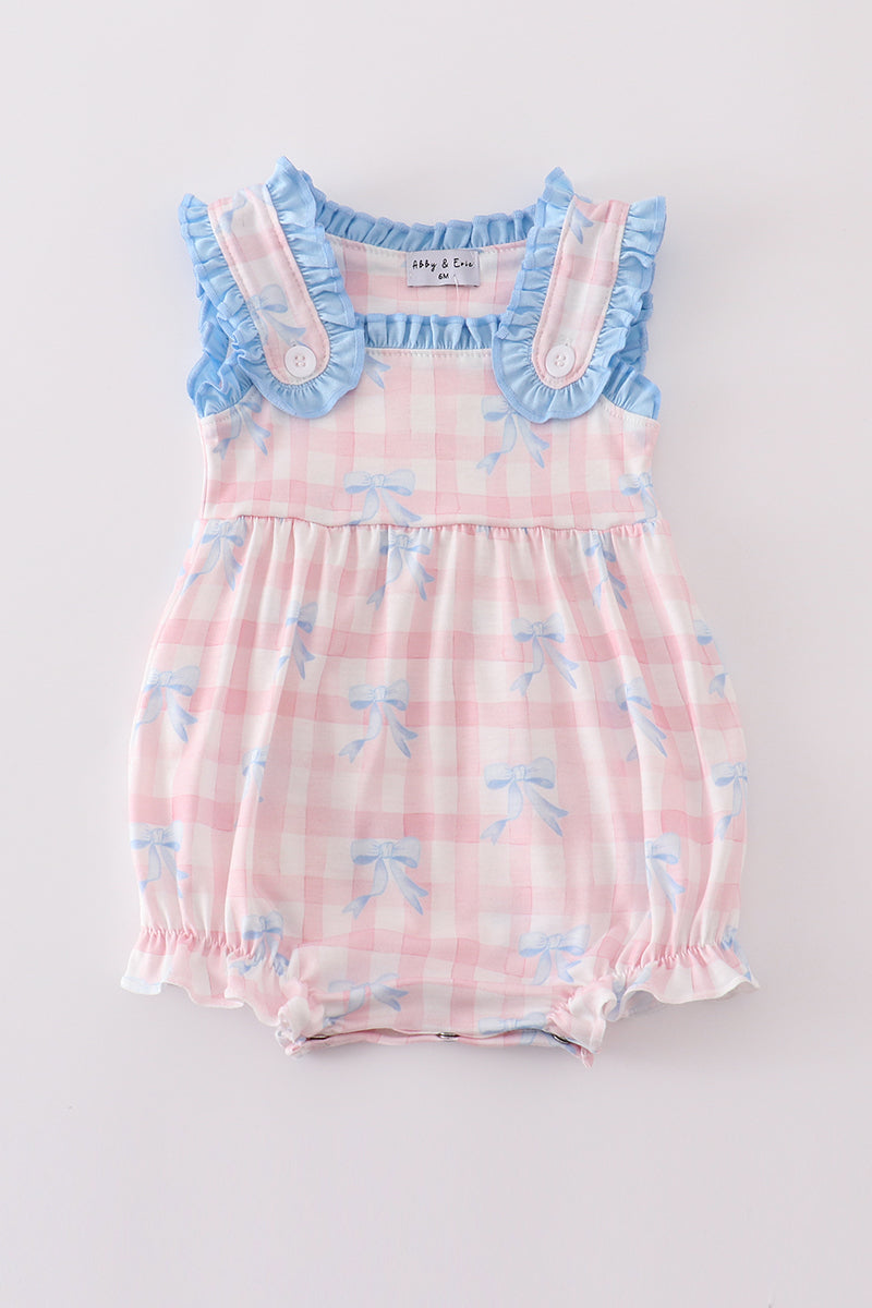 Pink gingham bubble with blue ruffle trim around top