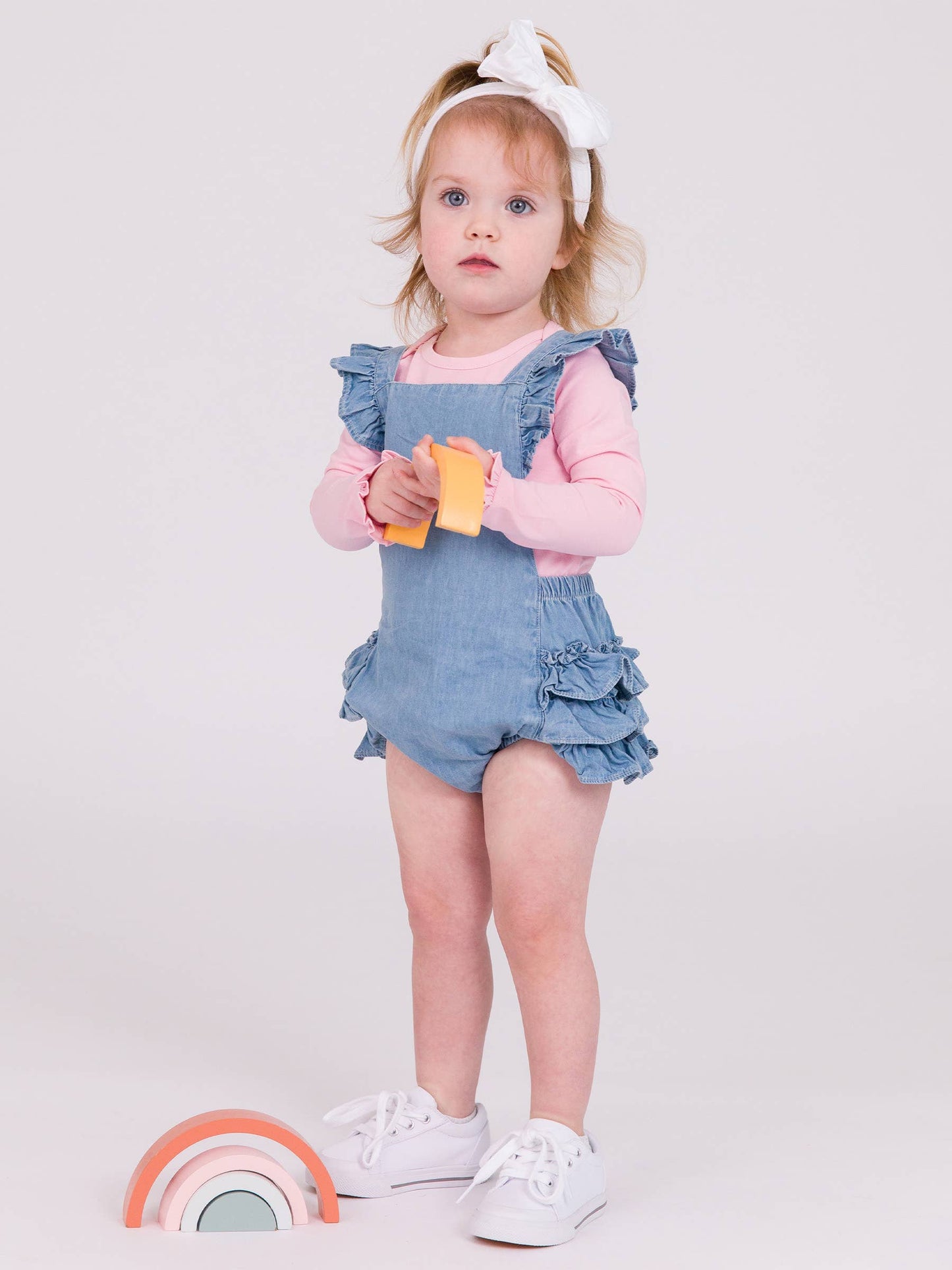 Baby Girls Light Wash Denim Flutter Overall Romper: Denim