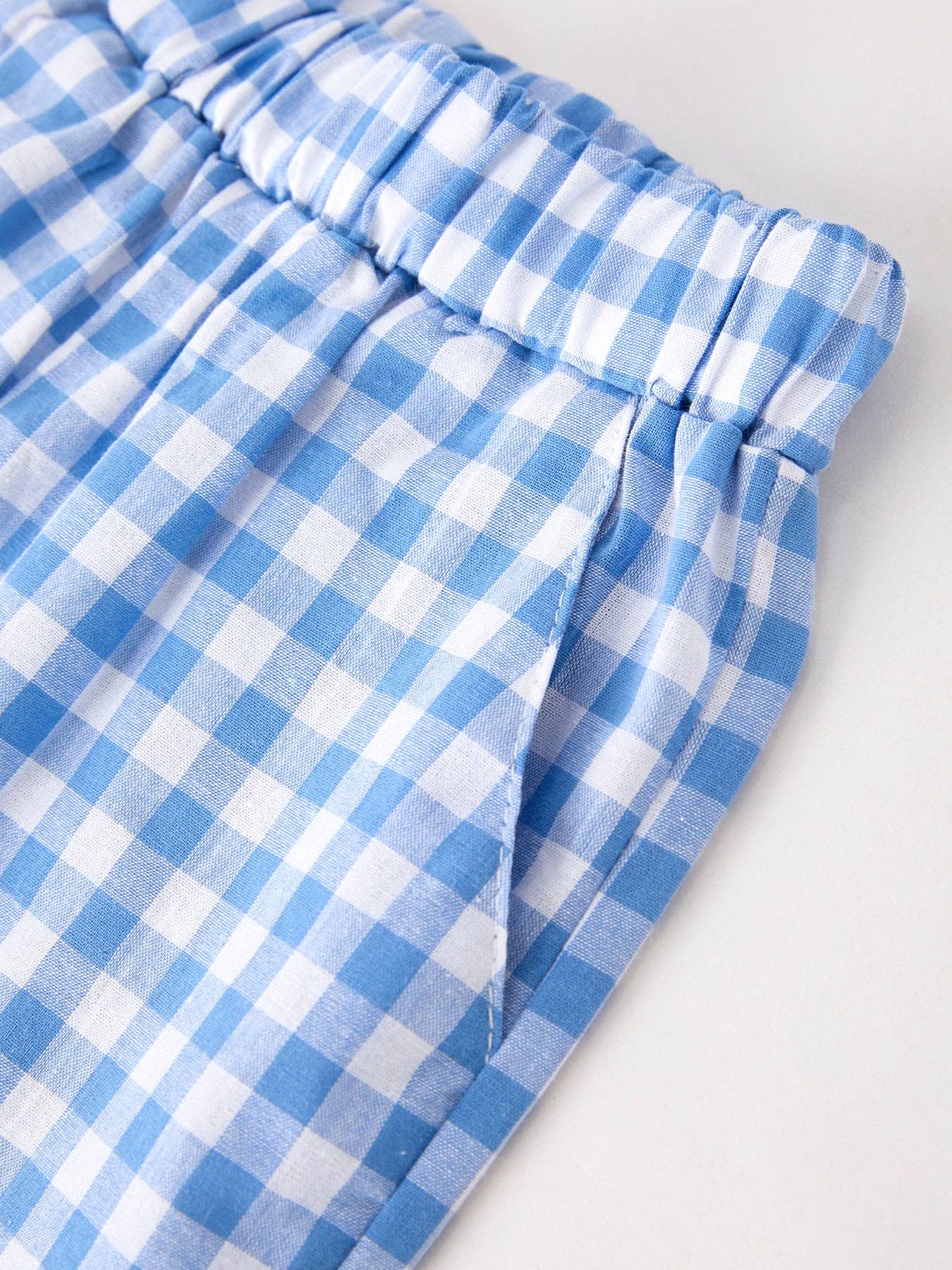 Gingham Pumpkin Smocked Pants Set - Blue