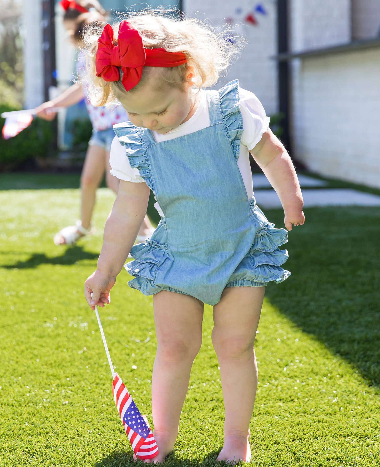 Baby Girls Light Wash Denim Flutter Overall Romper: Denim
