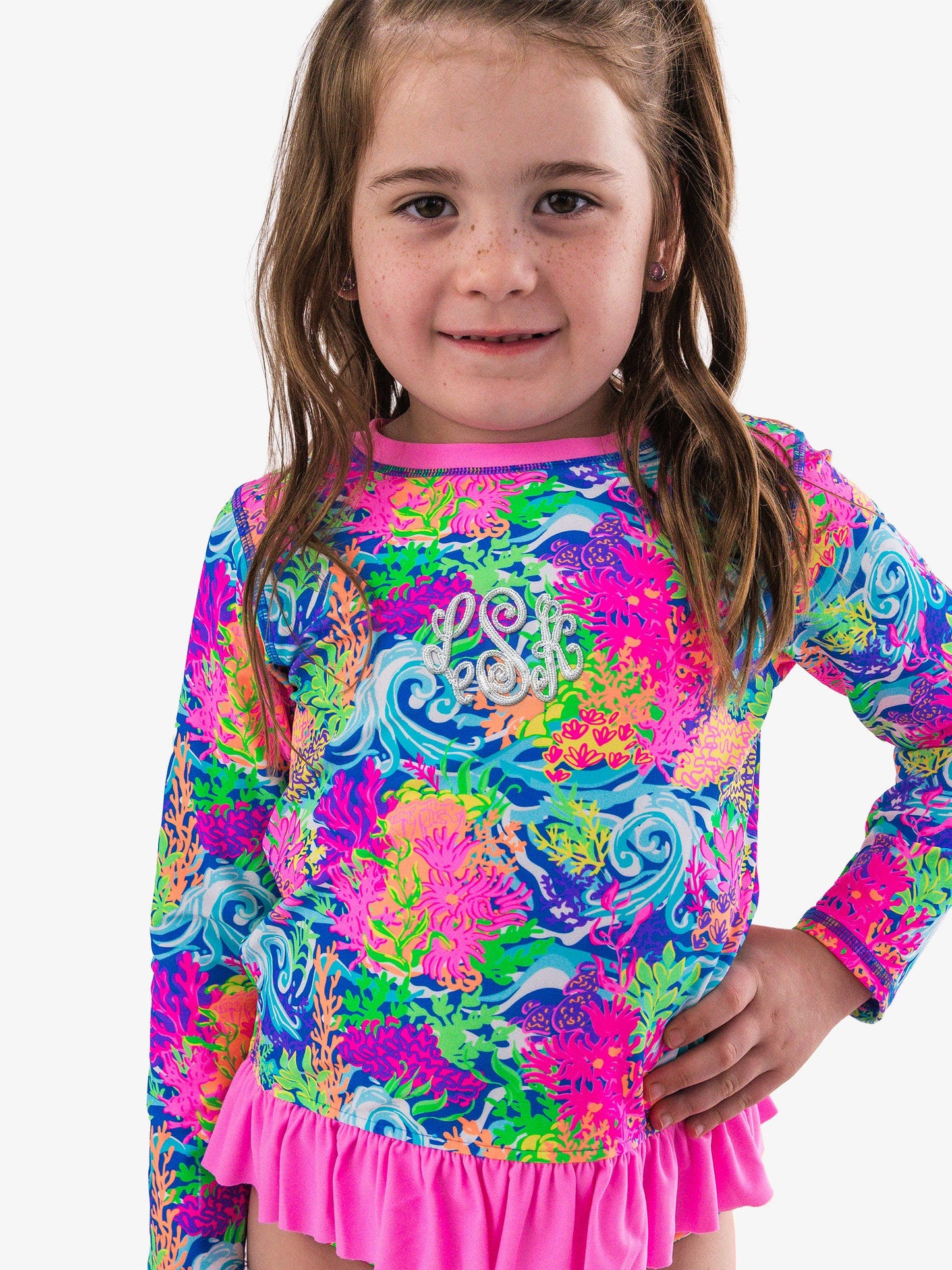 Neon Ocean Coral Ruffle Rash Guard 2 piece