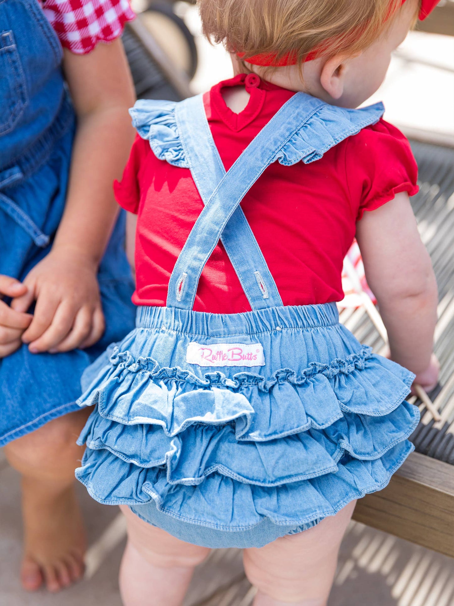 Baby Girls Light Wash Denim Flutter Overall Romper: Denim
