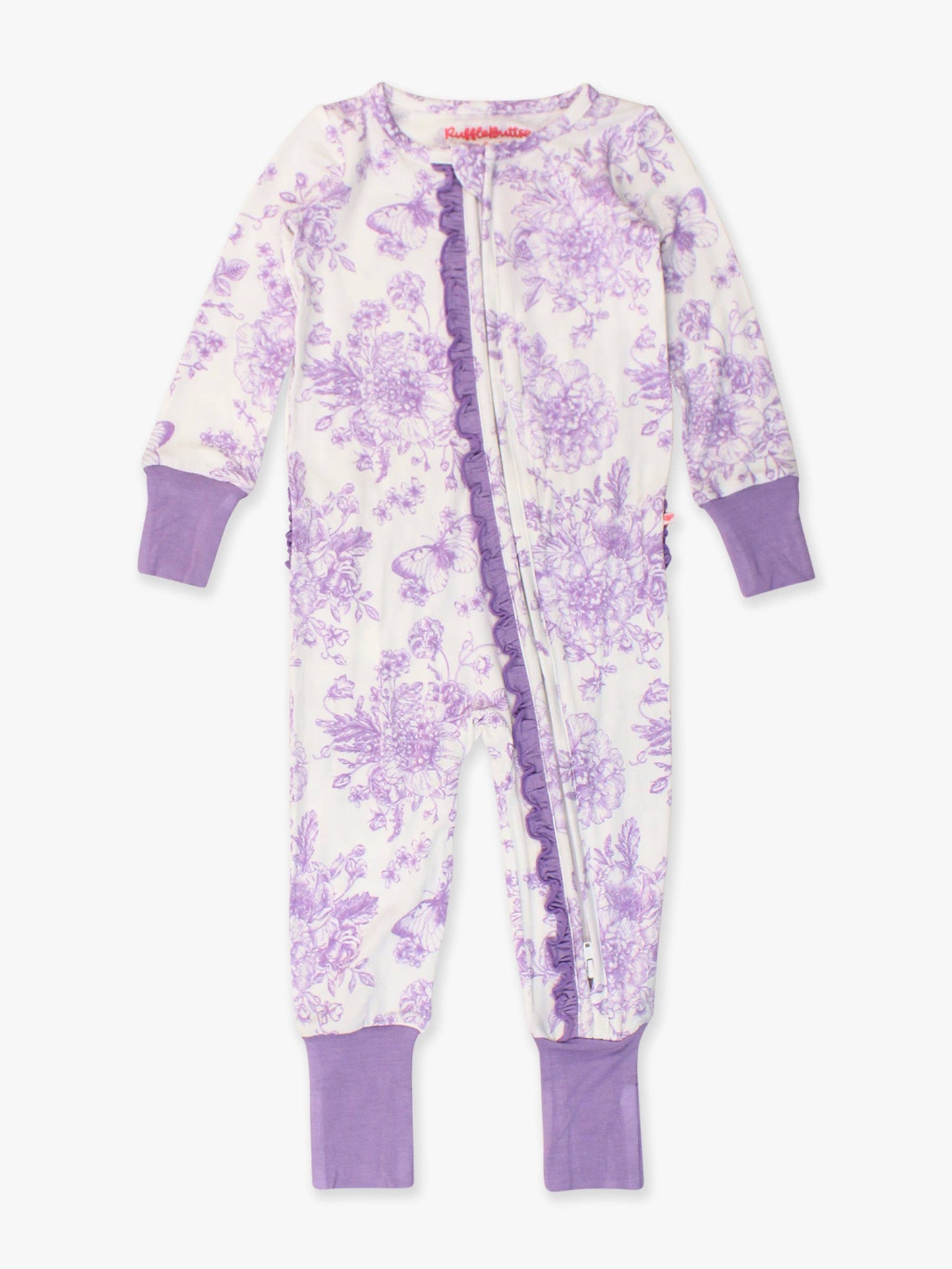 Wisteria Purple Butterfly Garden Toile Bamboo Viscose Convertible Ruffle One Piece Footie Pajama