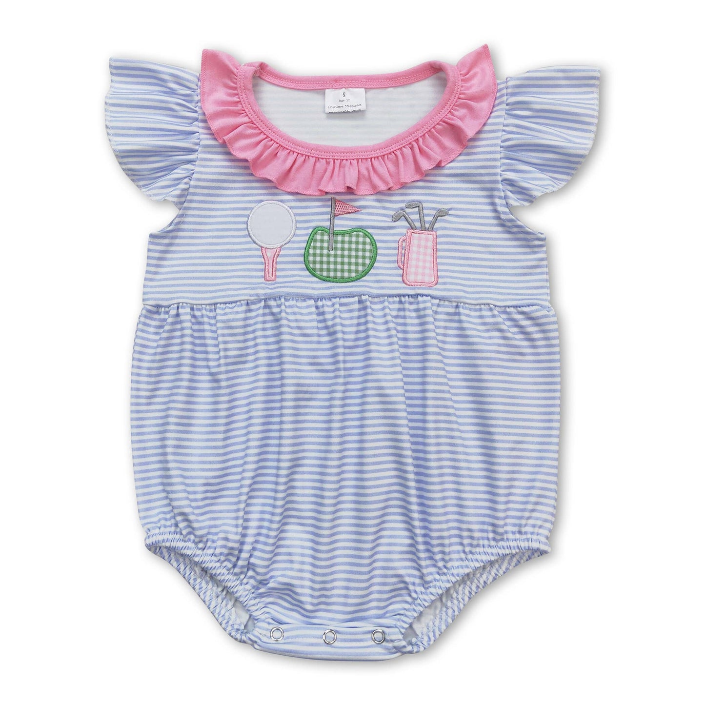 Blue and white striped romper with pink ruffle collar and golf appliqués