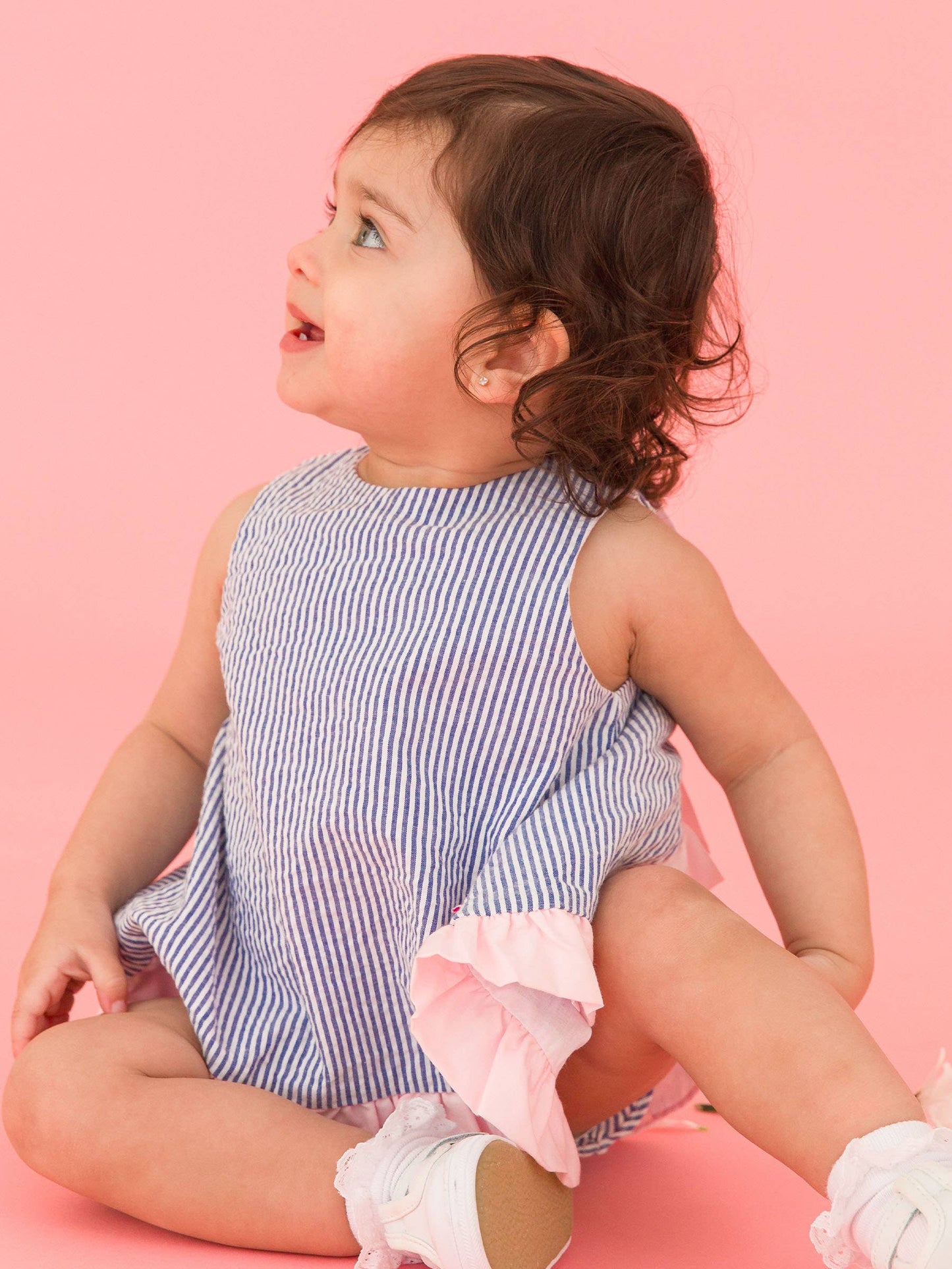 Baby Girls Seersucker Ruffle Top and Bloomer Set: Blue