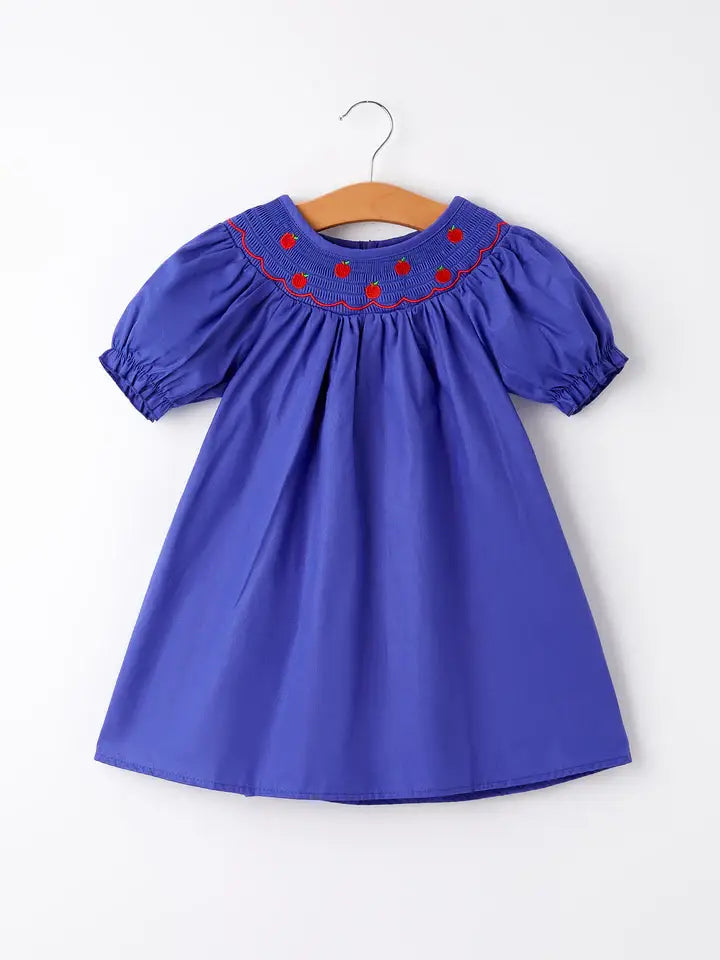 Back To School Apple Embroidery Blue Girls Dress