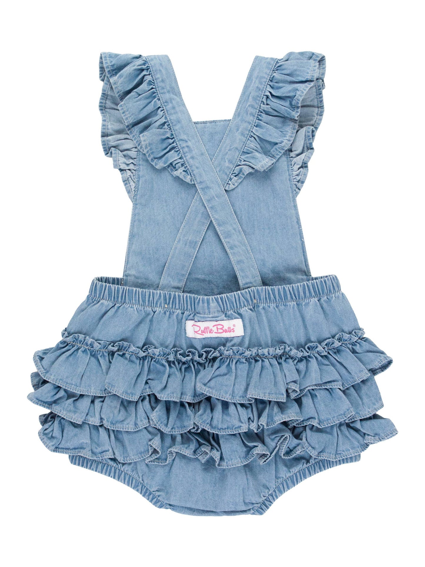Baby Girls Light Wash Denim Flutter Overall Romper: Denim