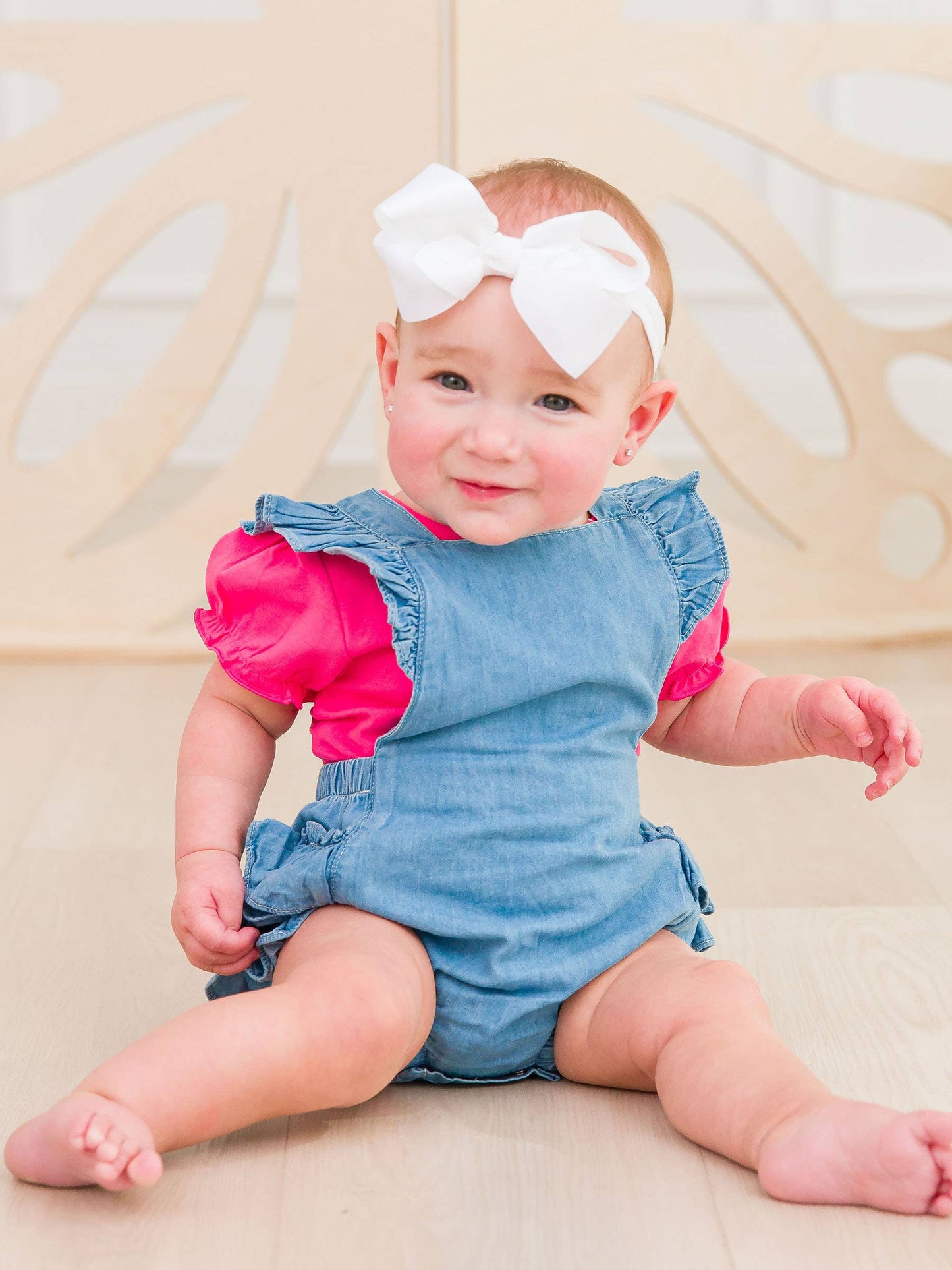 Baby Girls Light Wash Denim Flutter Overall Romper: Denim