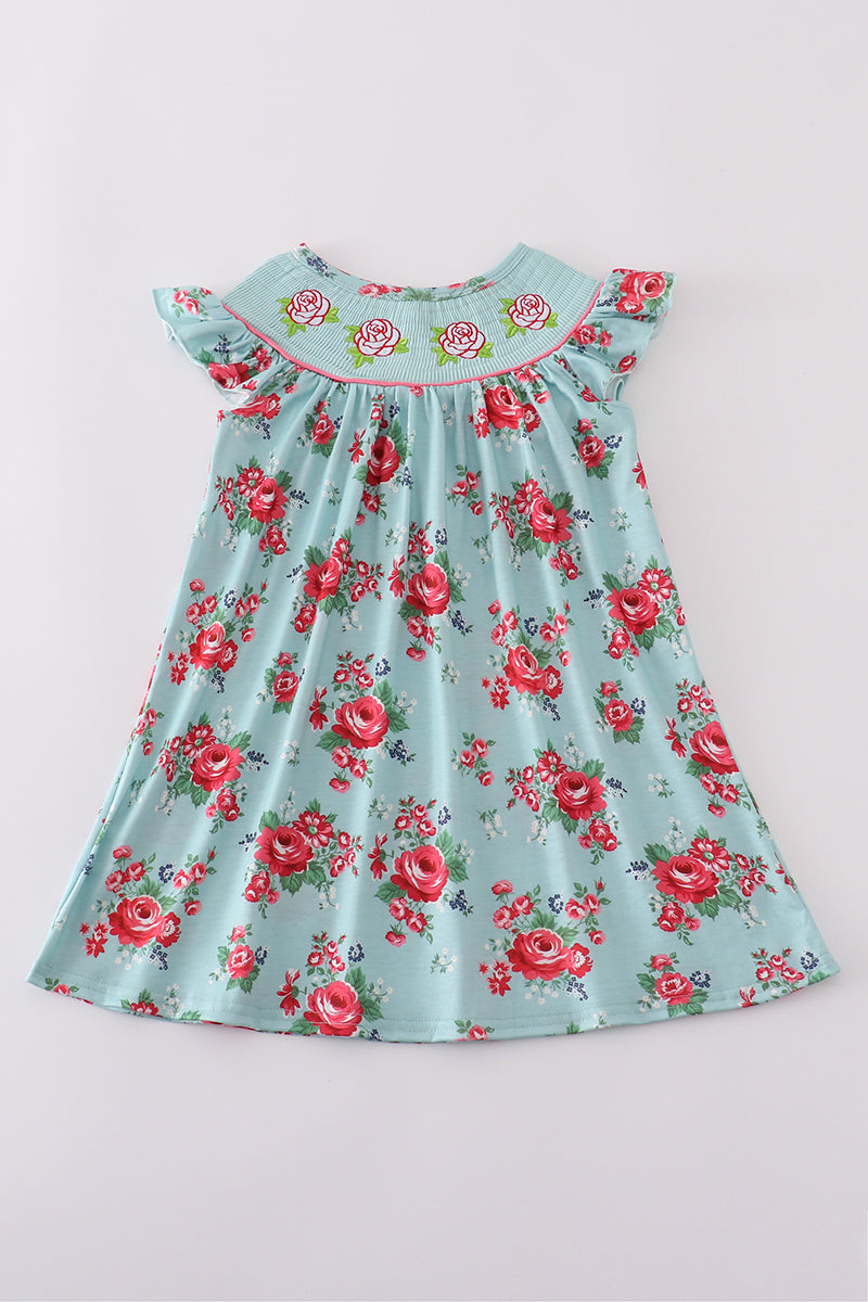 Smocked blue dress with roses