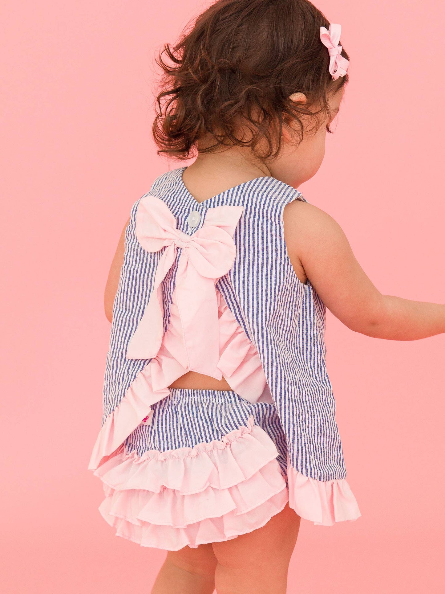 Baby Girls Seersucker Ruffle Top and Bloomer Set: Blue