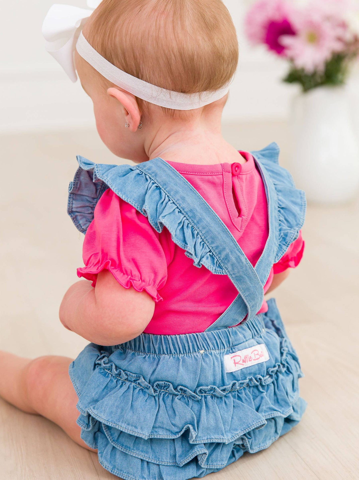 Baby Girls Light Wash Denim Flutter Overall Romper: Denim