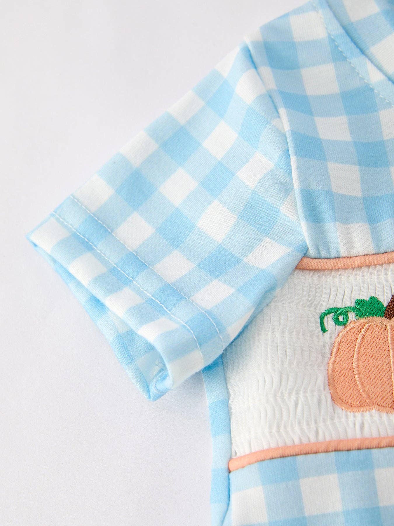 Gingham Pumpkin Smocked Romper - Blue