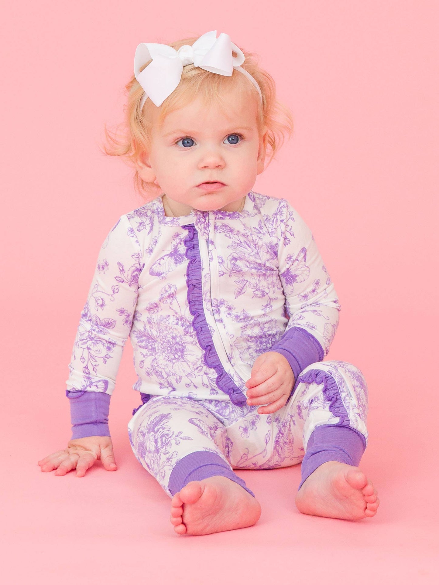 Wisteria Purple Butterfly Garden Toile Bamboo Viscose Convertible Ruffle One Piece Footie Pajama