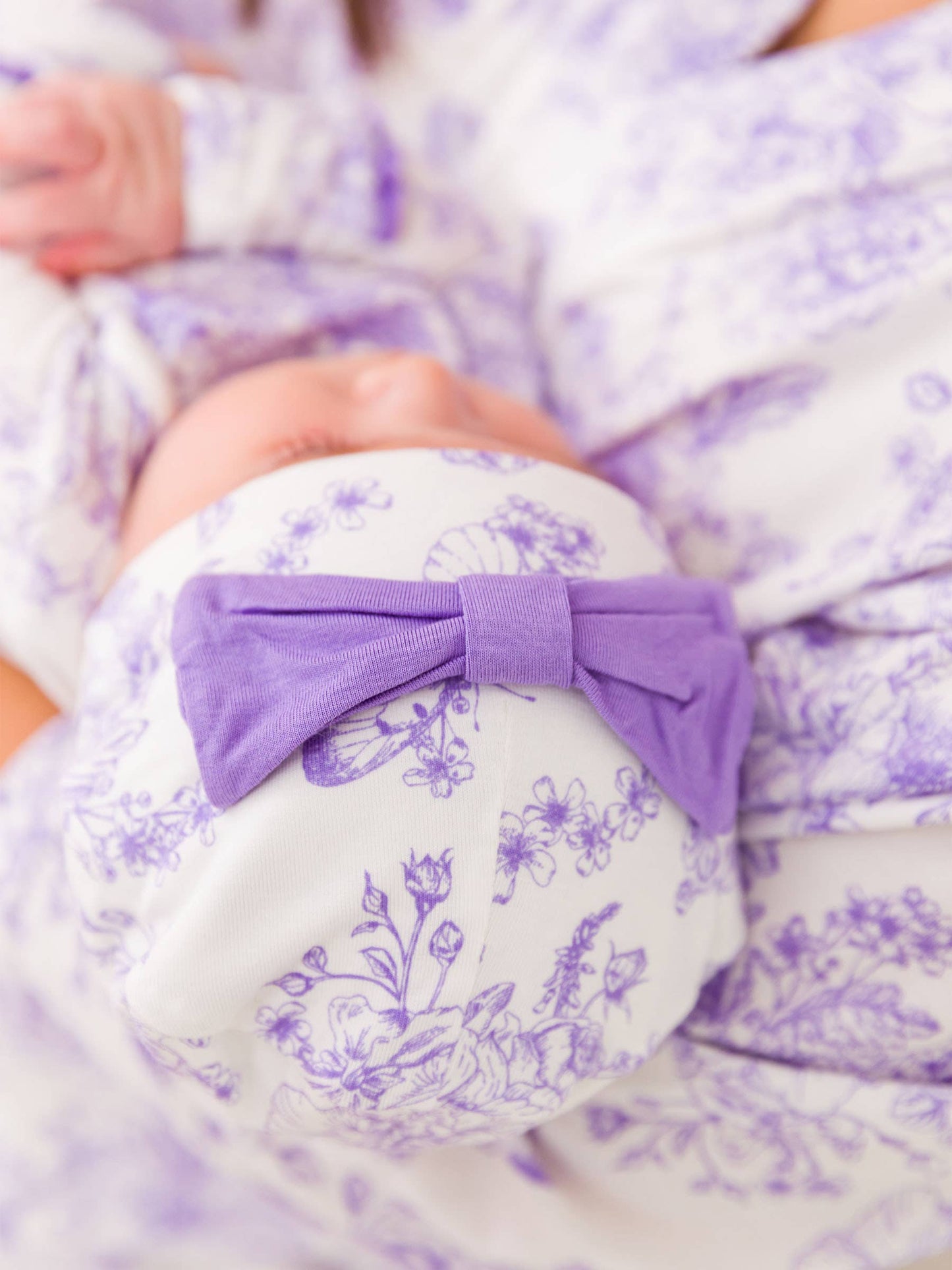 Wisteria Purple Butterfly Garden Toile Bamboo Viscose Ruffle Knotted Sleep Gown & Hat Set