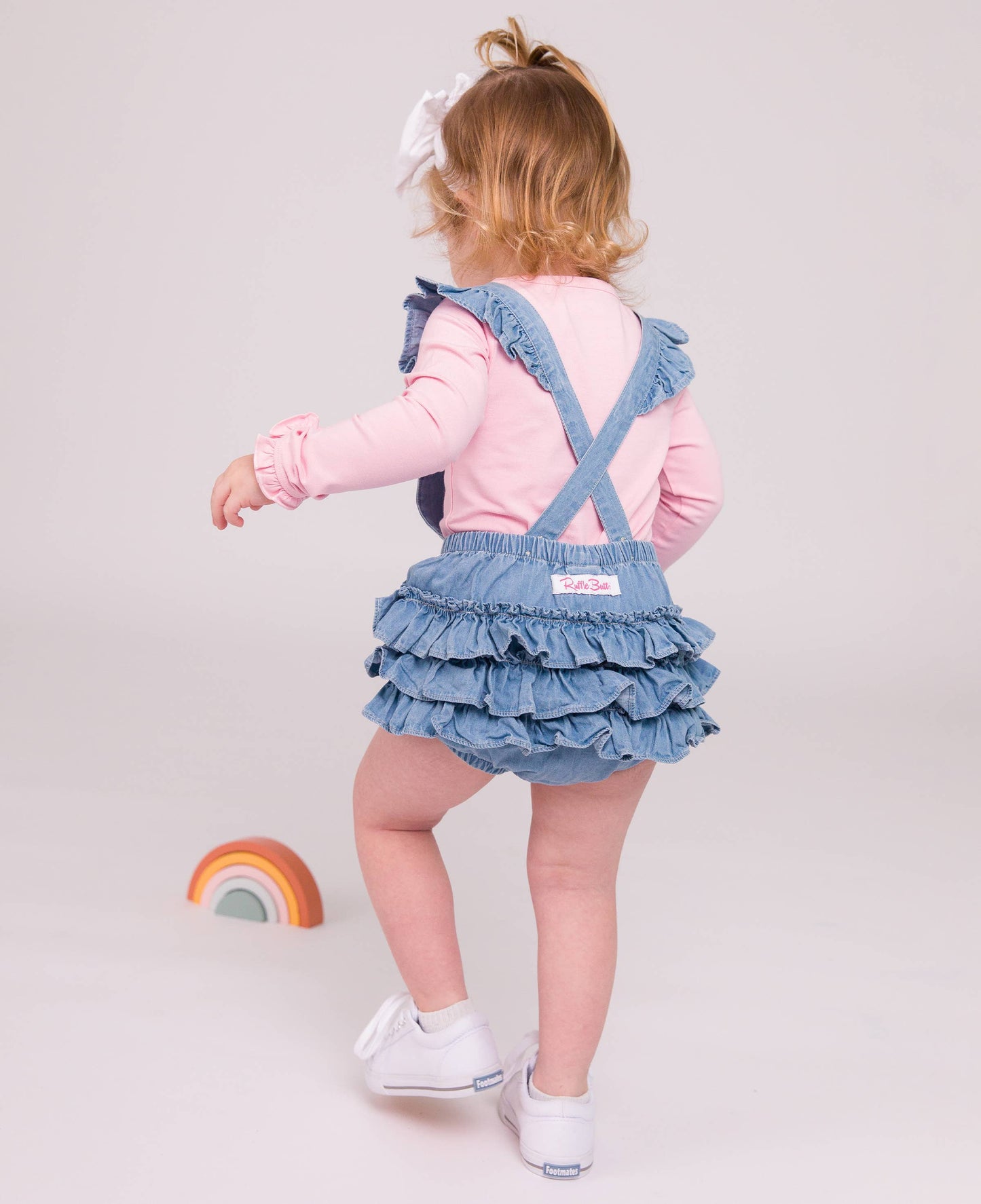 Baby Girls Light Wash Denim Flutter Overall Romper: Denim