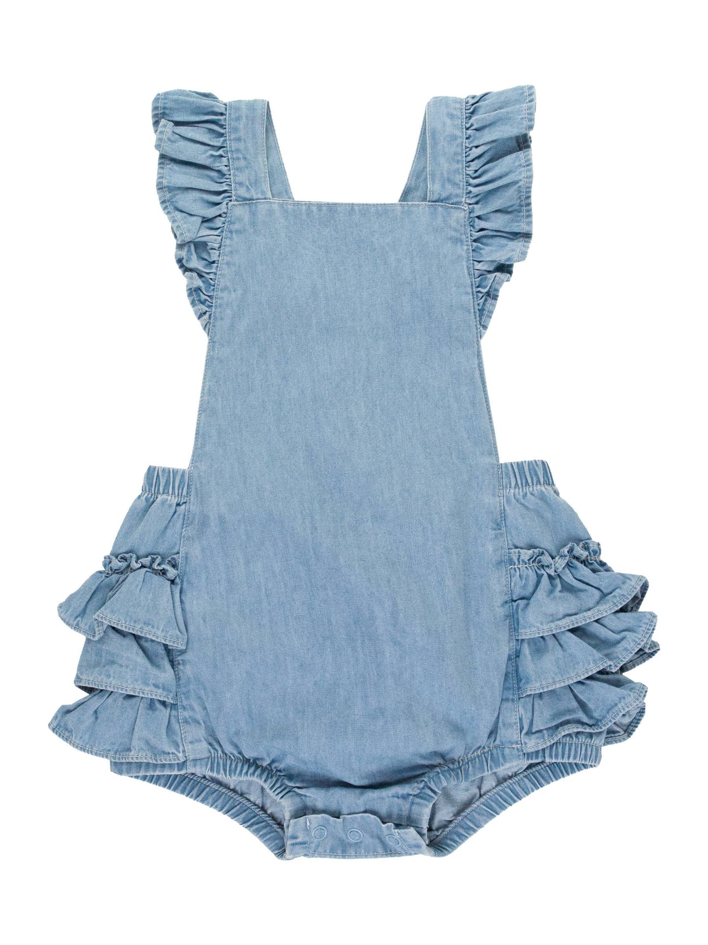 Baby Girls Light Wash Denim Flutter Overall Romper: Denim