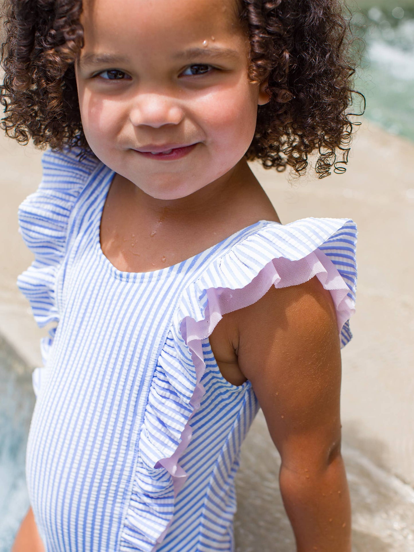 Girls Periwinkle Blue Seersucker Waterfall One Piece: