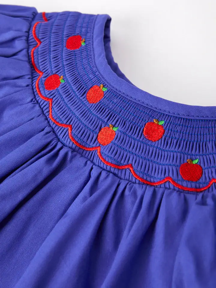 Back To School Apple Embroidery Blue Girls Dress