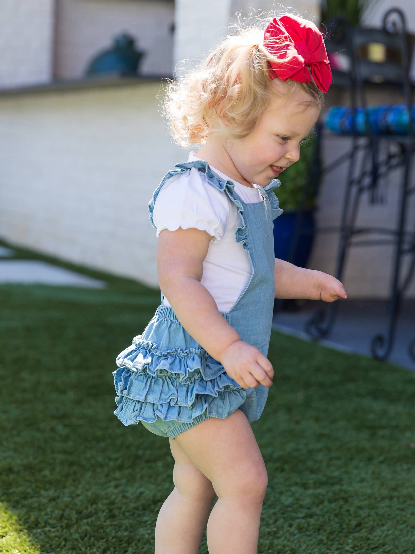 Baby Girls Light Wash Denim Flutter Overall Romper: Denim