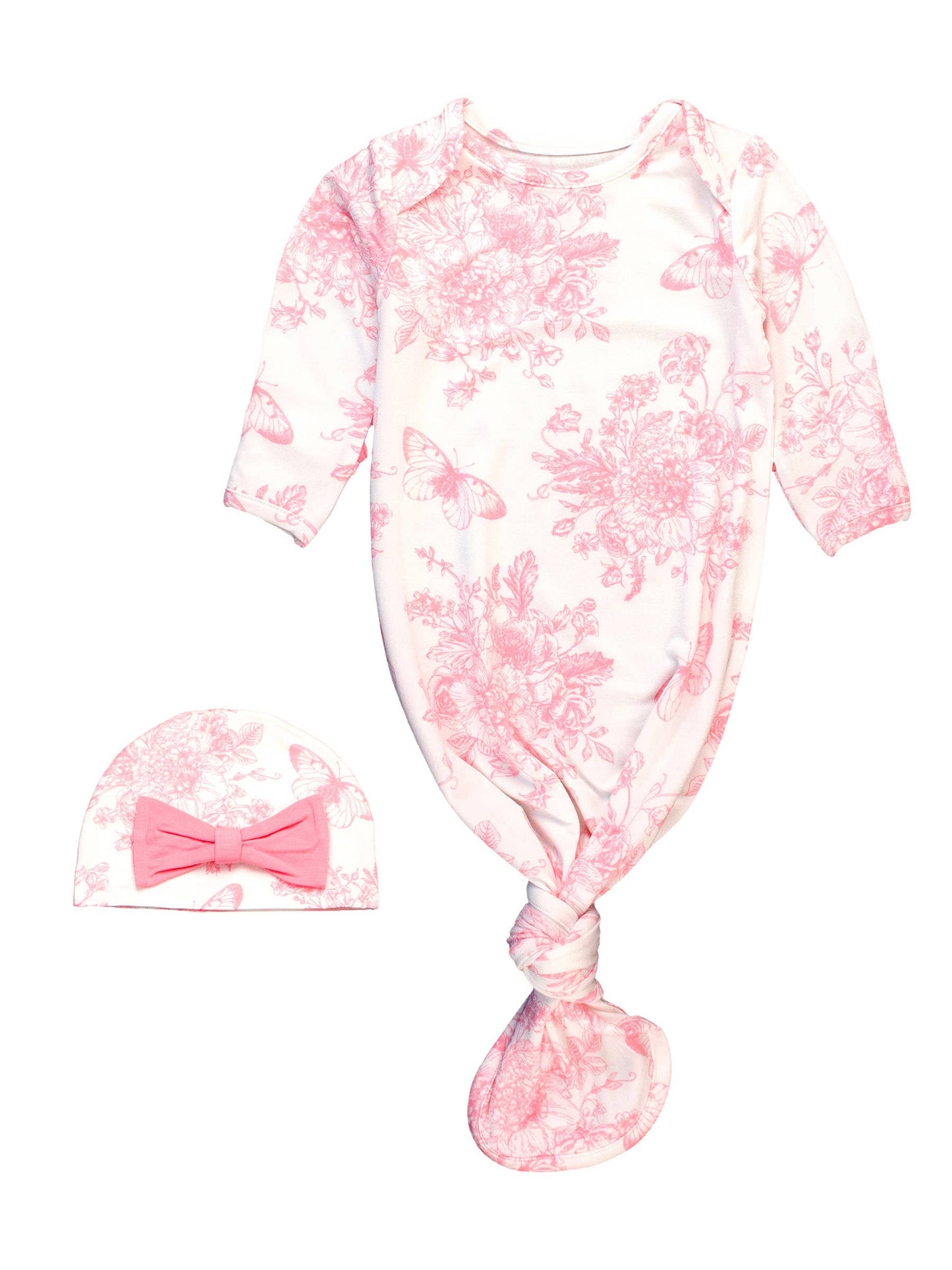 Baby Girls Bubblegum Pink Butterfly Toile Bamboo Viscose Ruffle Knotted Sleep Gown & Hat Set