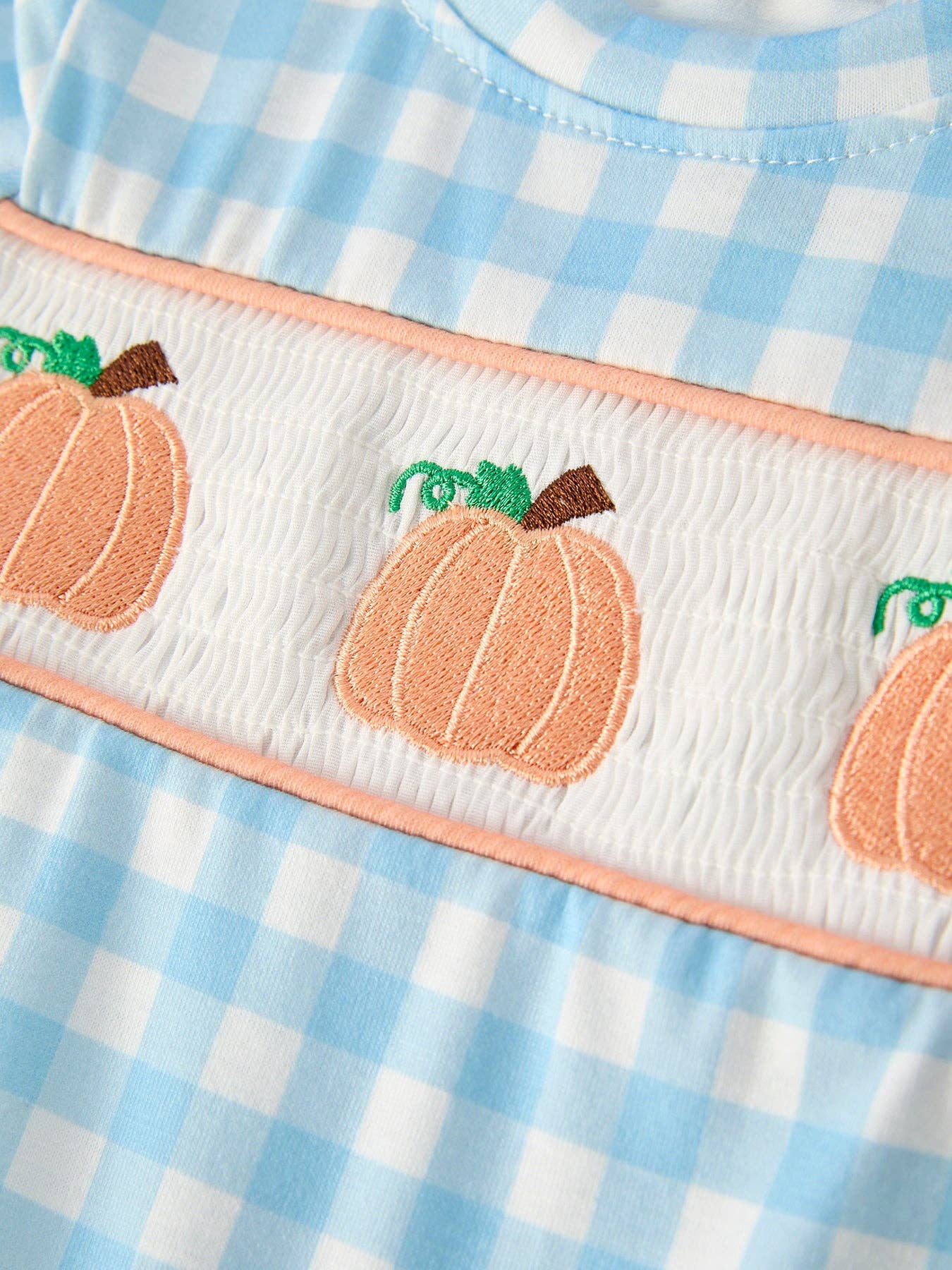 Gingham Pumpkin Smocked Romper - Blue