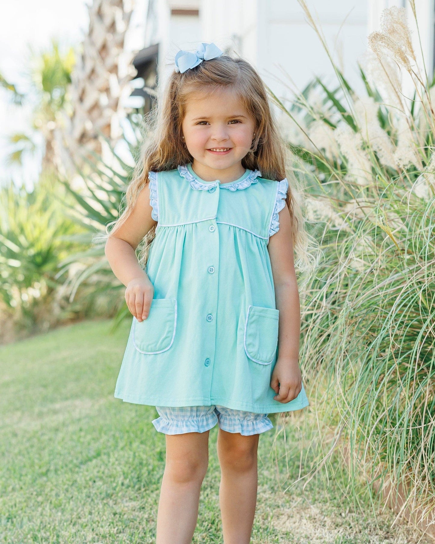 Harper Bloomer Set - Mint w/ Light Blue Gingham