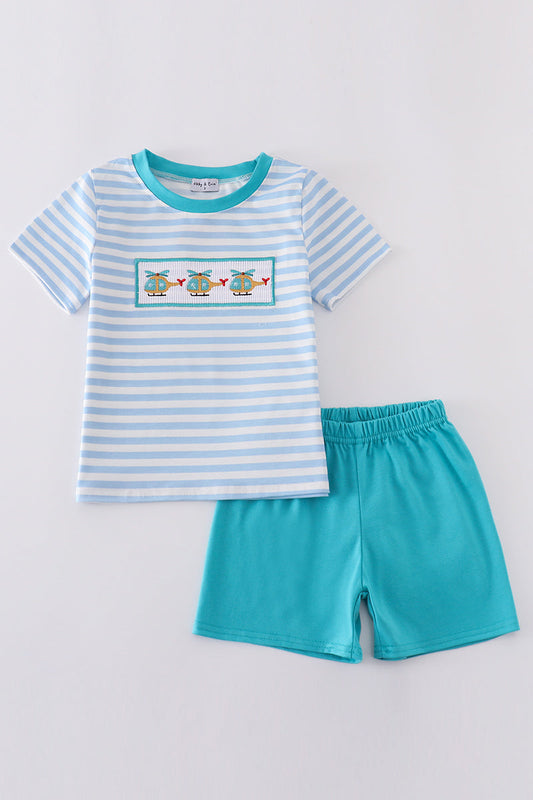 Blue and White Striped shirt with 3 smocked helicopters and blue shorts