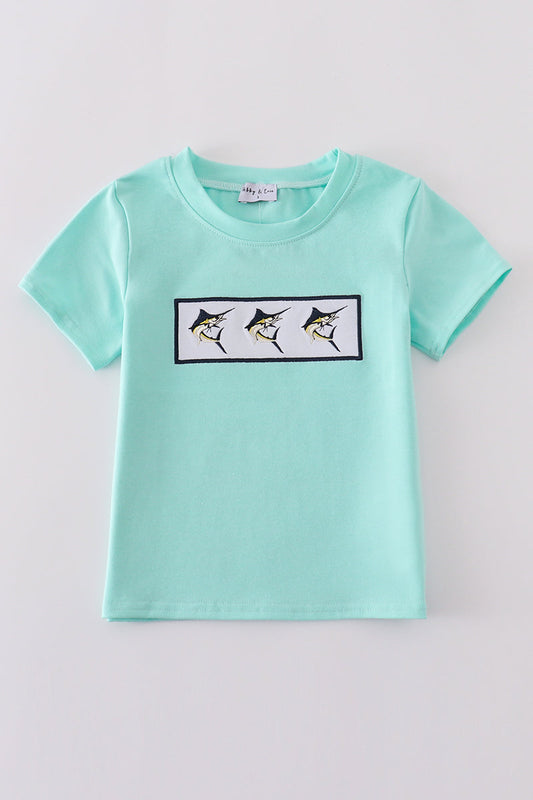 Aqua tee short with 3 smocked swordfish