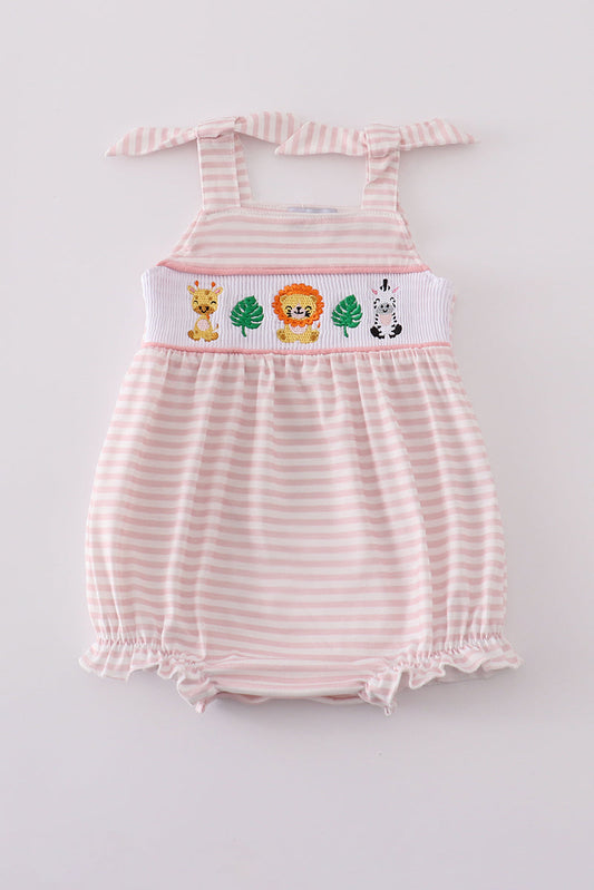 Pink and White Striped Bubble with Smocked giraffe lion zebra and 2 leafs
