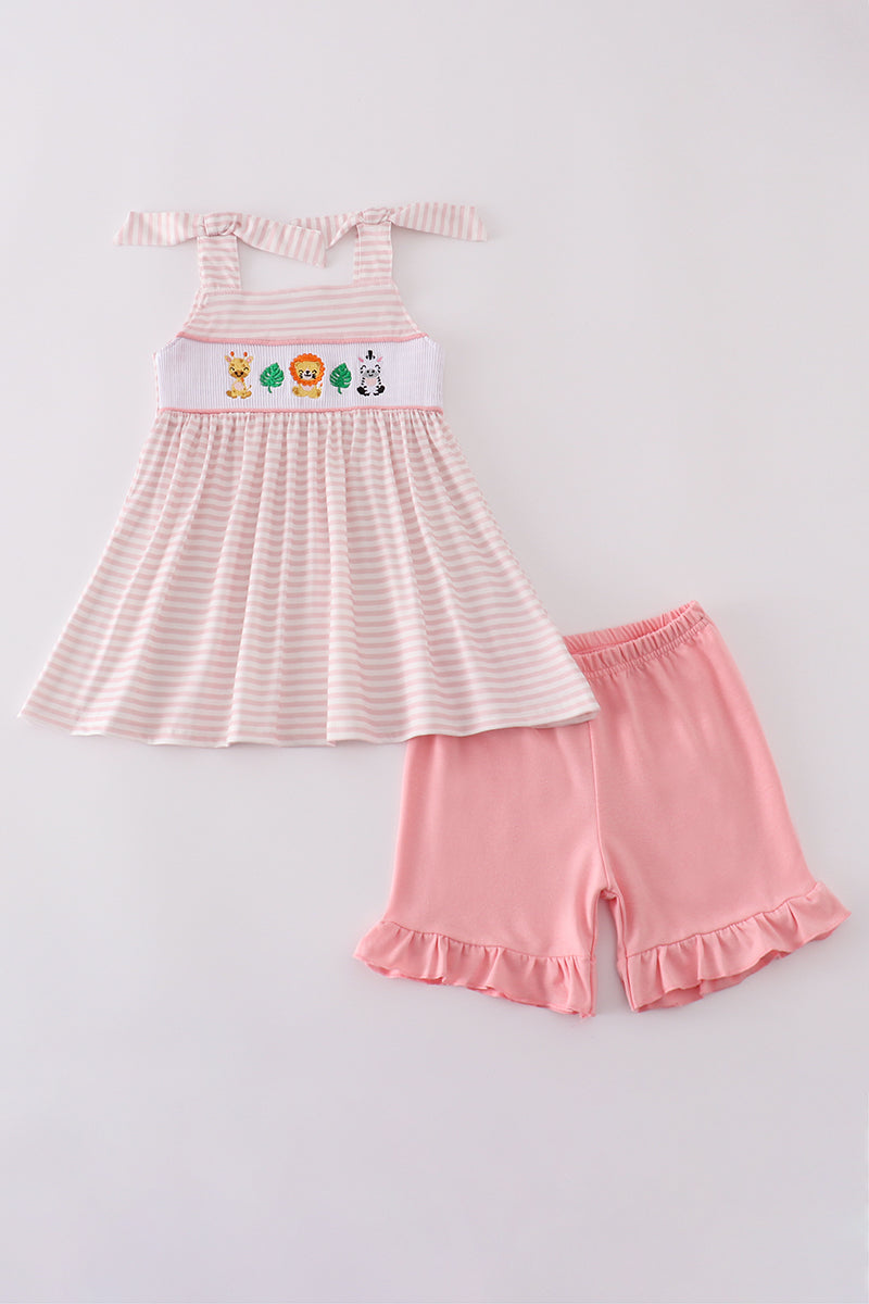 Pink and White Striped top with smocked zebra, giraffe, lion, and 2 leaves and pink ruffled shorts