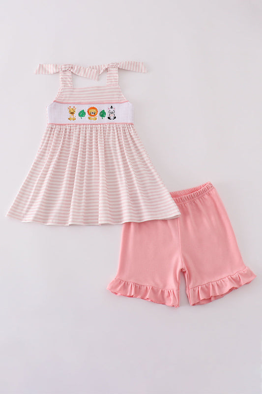 Pink and White Striped top with smocked zebra, giraffe, lion, and 2 leaves and pink ruffled shorts