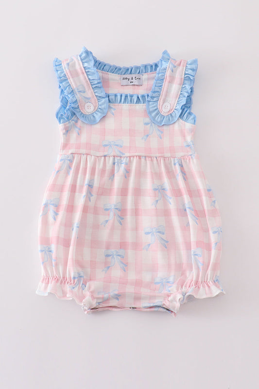 Pink gingham bubble with blue ruffle trim around top