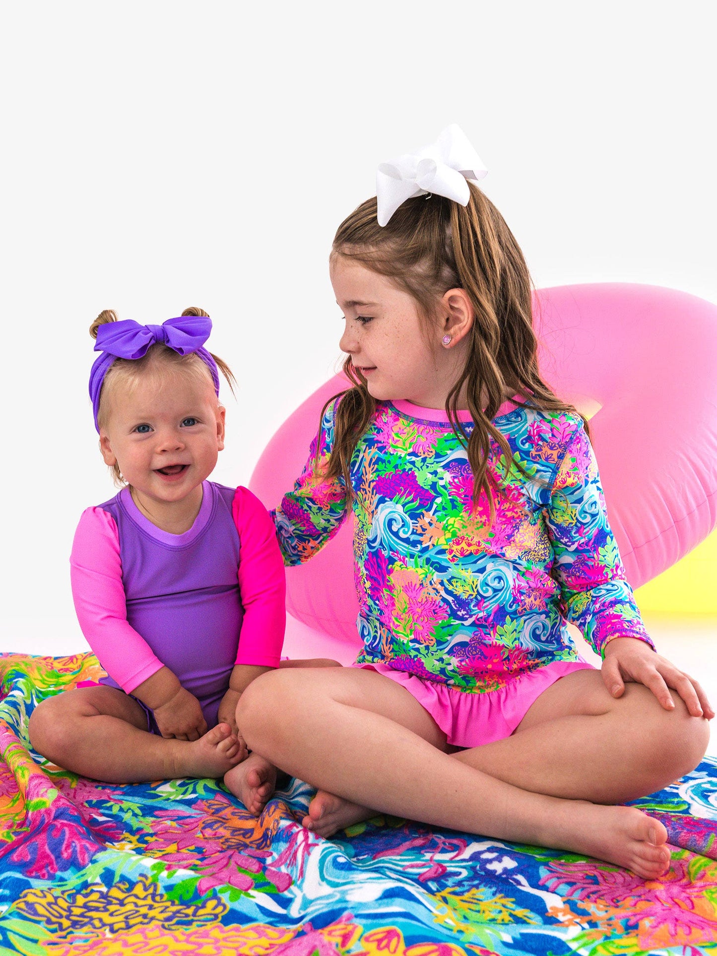 Neon Ocean Coral Ruffle Rash Guard 2 piece
