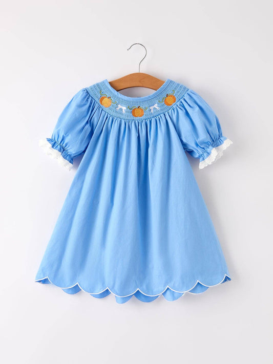 Smocked Pumpkin Bishop Dress - Blue