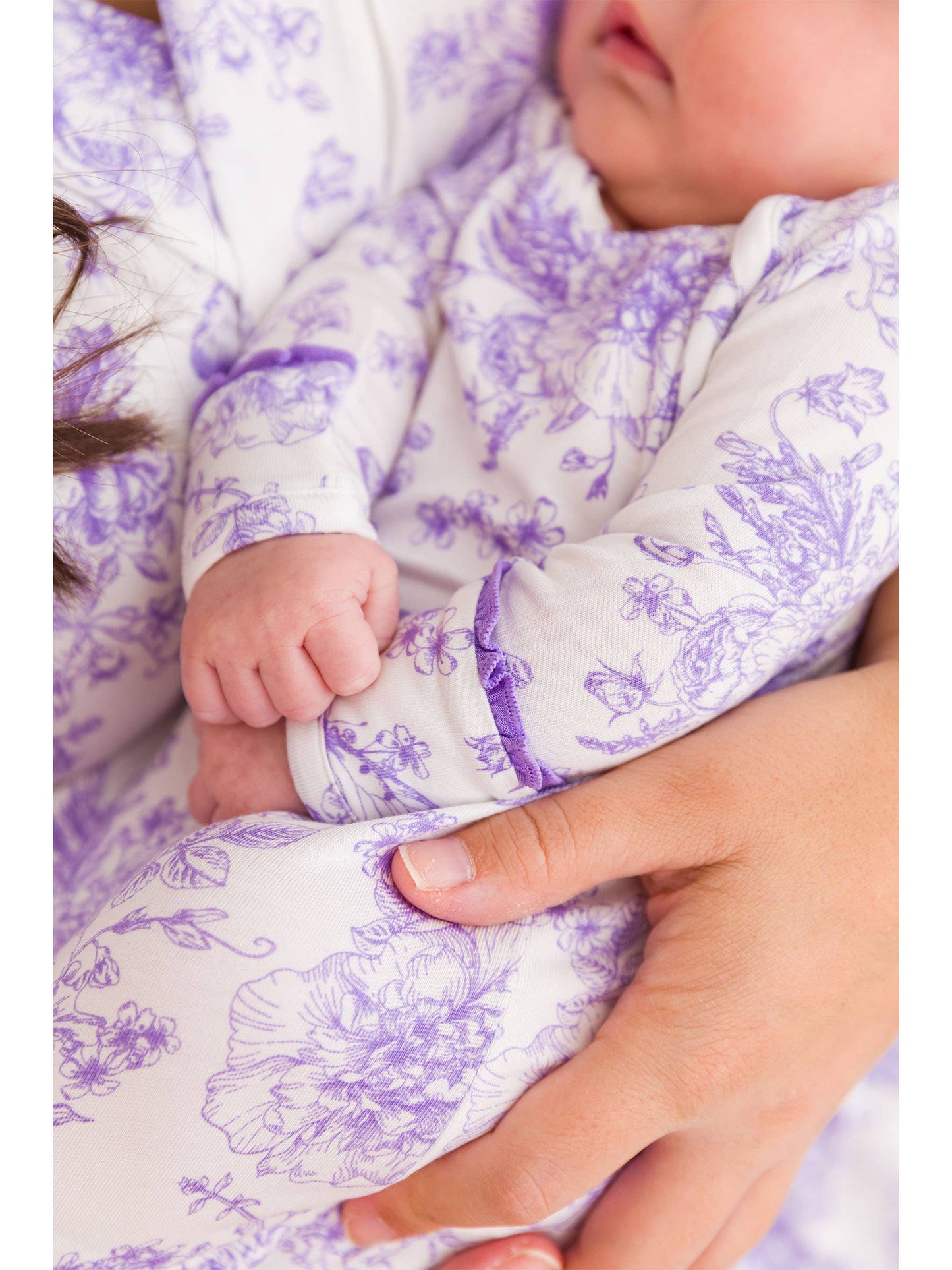 Wisteria Purple Butterfly Garden Toile Bamboo Viscose Ruffle Knotted Sleep Gown & Hat Set