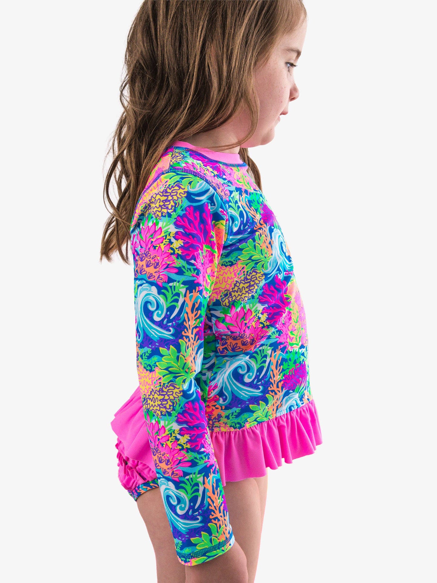 Neon Ocean Coral Ruffle Rash Guard 2 piece