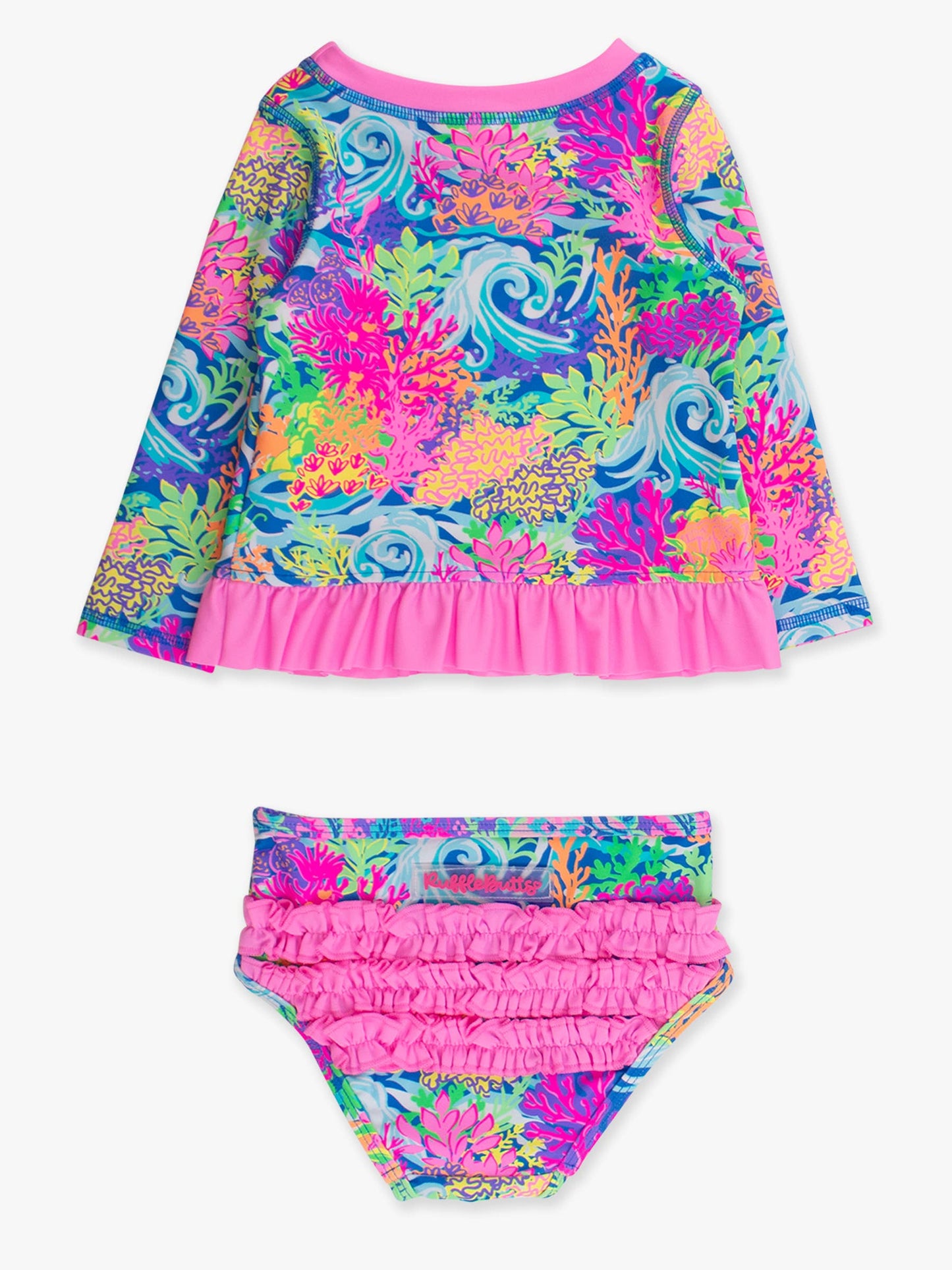 Neon Ocean Coral Ruffle Rash Guard 2 piece
