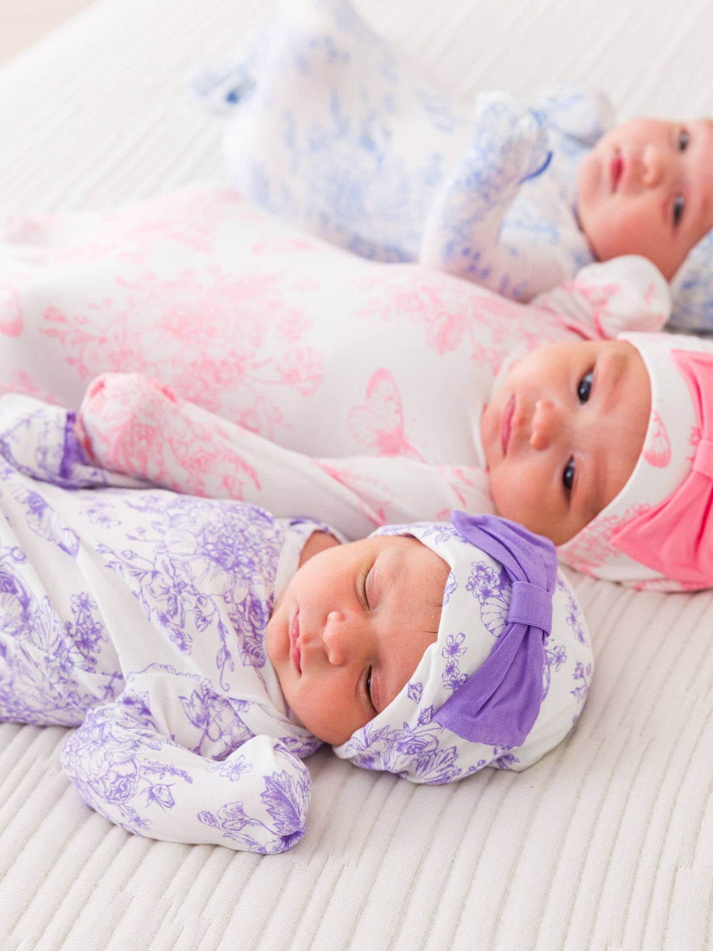 Wisteria Purple Butterfly Garden Toile Bamboo Viscose Ruffle Knotted Sleep Gown & Hat Set