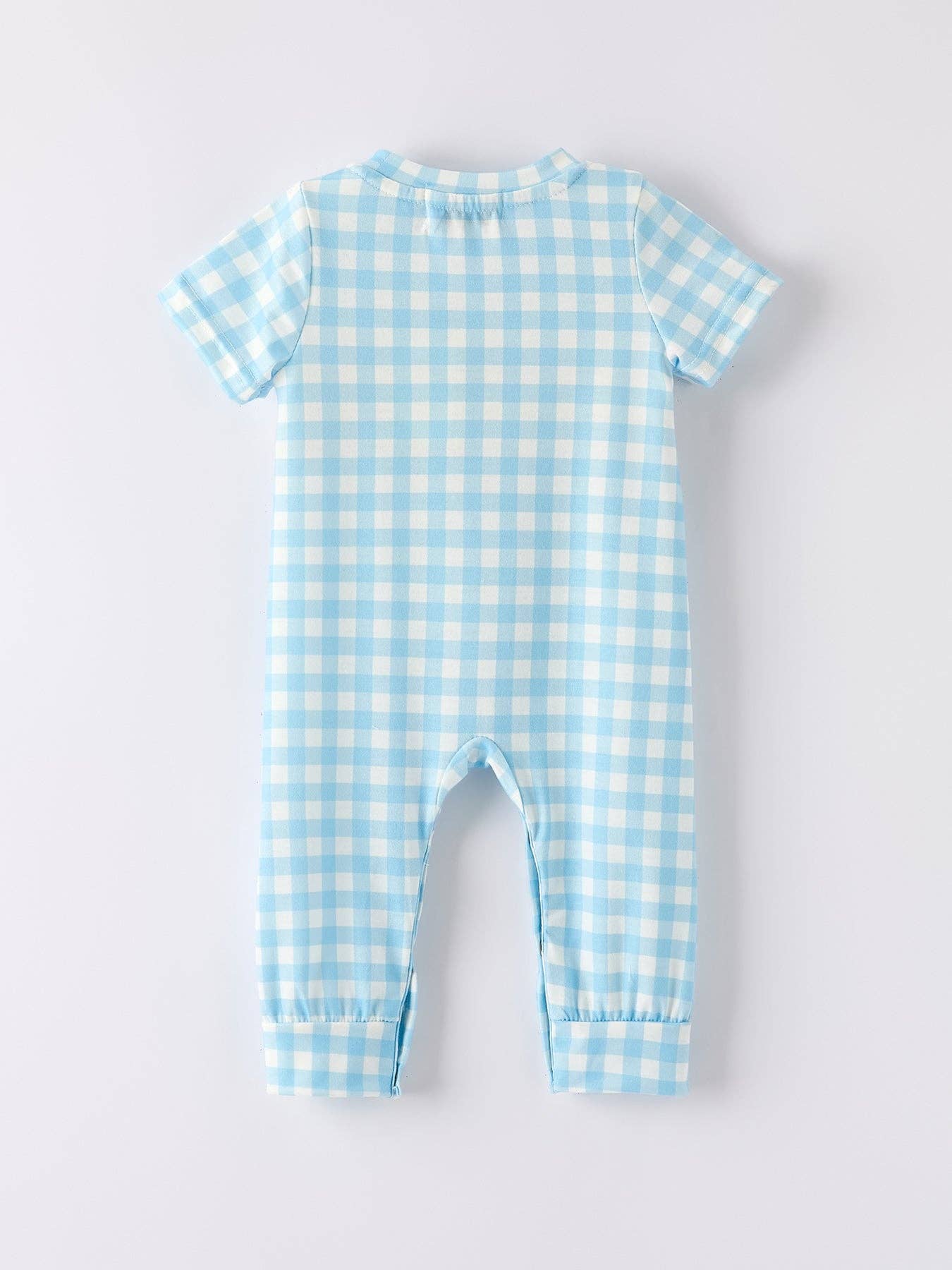 Gingham Pumpkin Smocked Romper - Blue