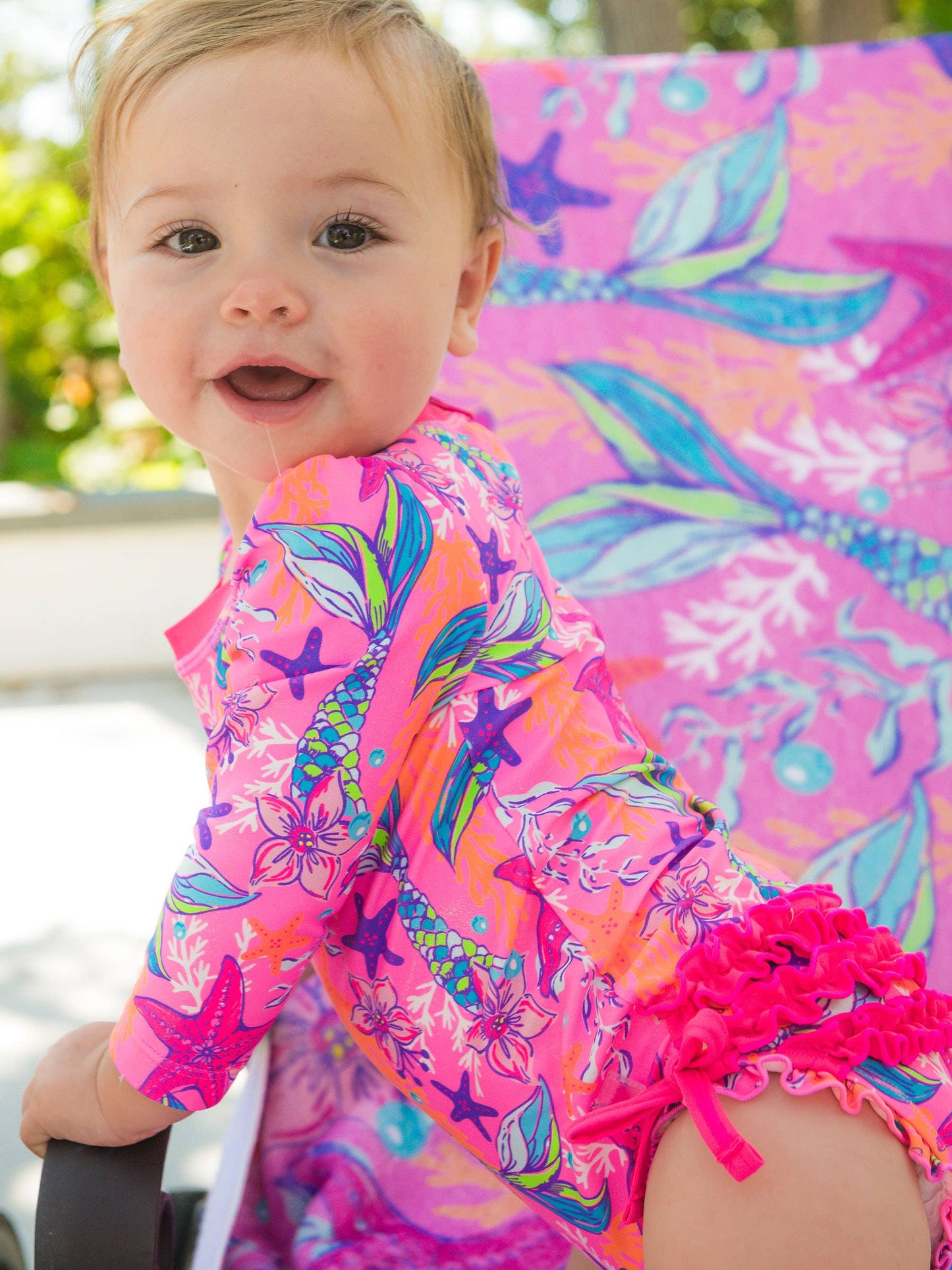 Neon Mermaid Ruffle Rash Guard