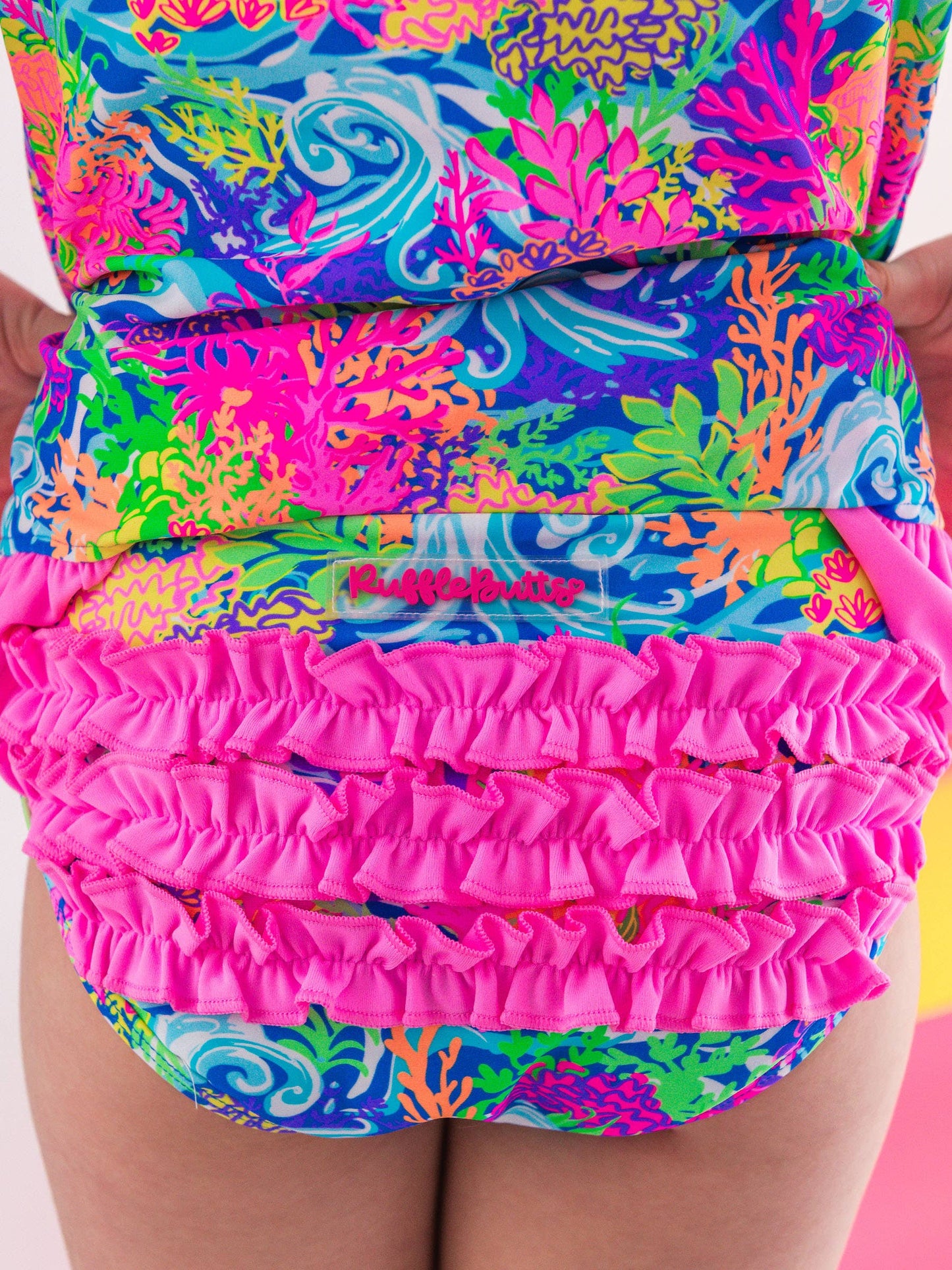 Neon Ocean Coral Ruffle Rash Guard 2 piece