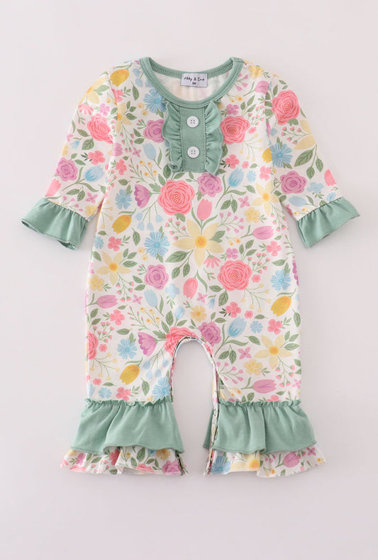 Sage Blooms Ruffle Romper