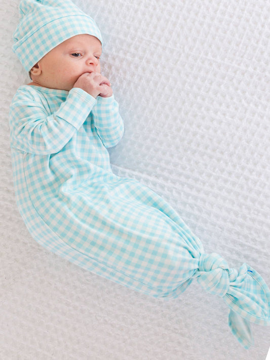 Blue Breeze Gingham Sleep Gown & Hat Set