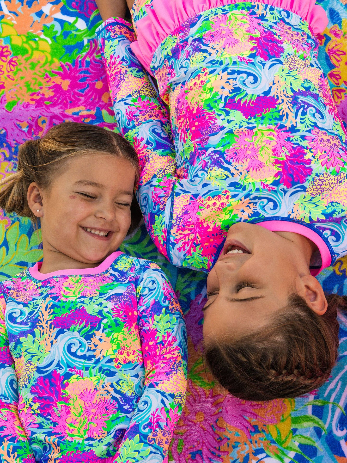Neon Ocean Coral Ruffle Rash Guard 2 piece
