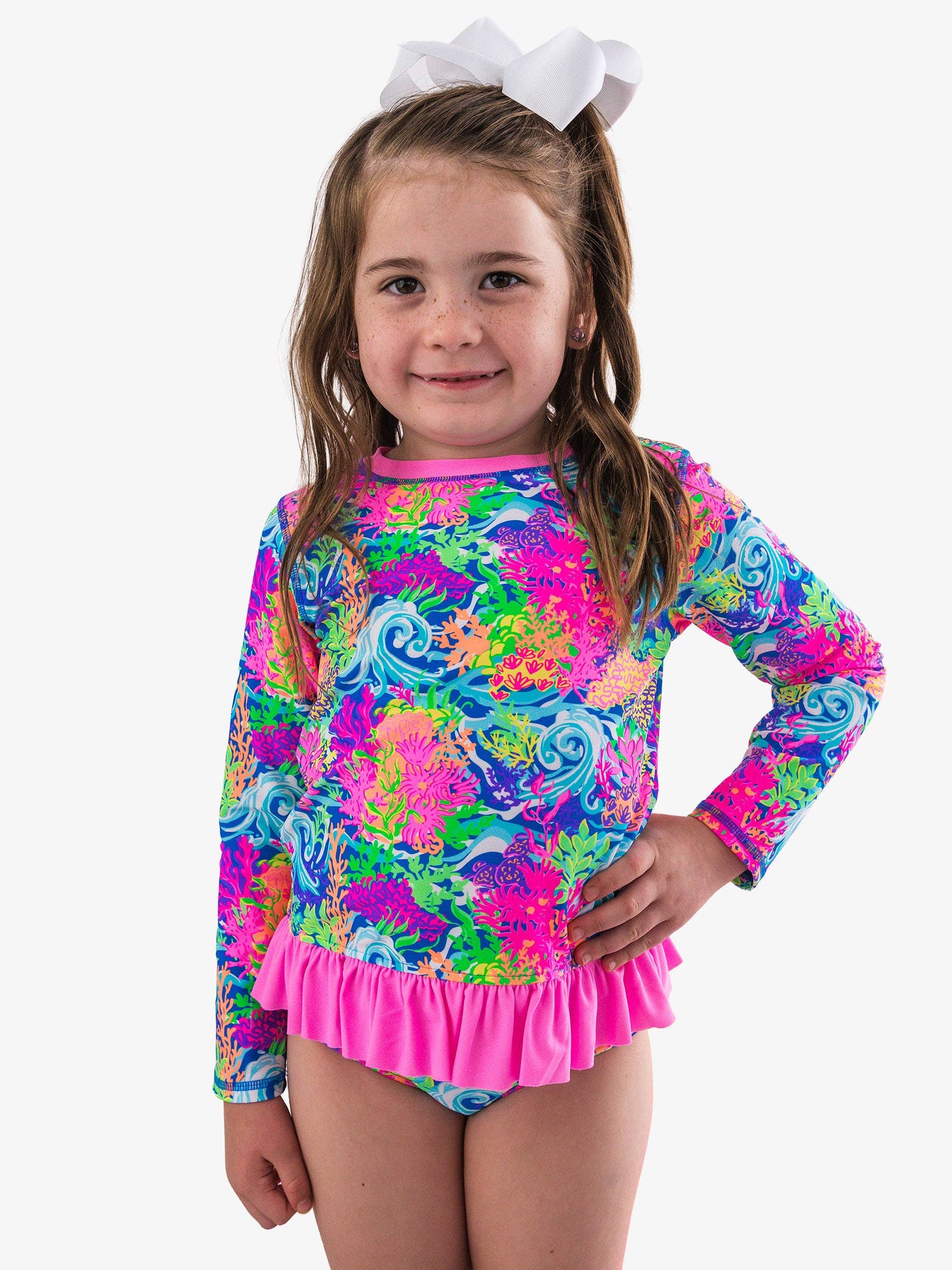 Neon Ocean Coral Ruffle Rash Guard 2 piece