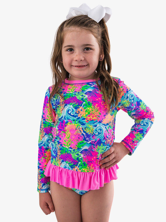 Neon Ocean Coral Ruffle Rash Guard 2 piece