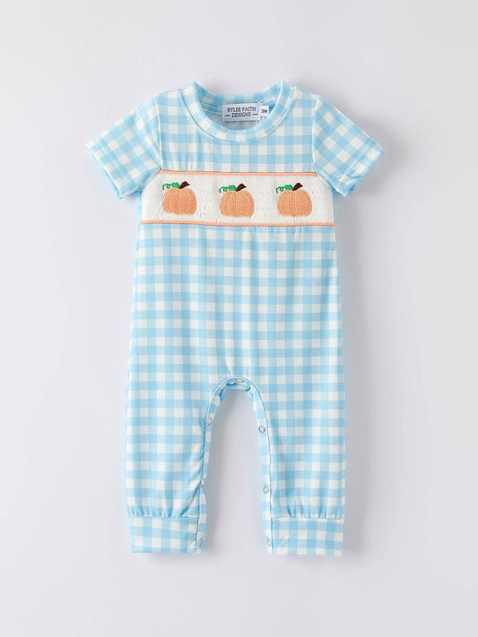 Gingham Pumpkin Smocked Romper - Blue